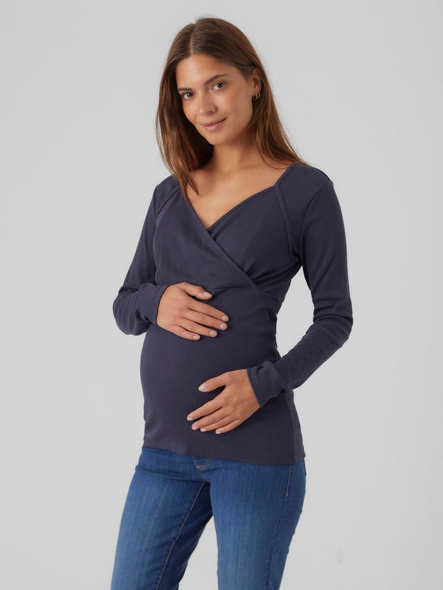 Lolmot Maternity V-Neck Solid Long Sleeve Breast-Feeding Pregnant Woman  Nursing Buttons Blouse Tops