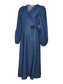 MAMA.LICIOUS Vestito midi Regular Fit Scollo a V Polsini elasticizzati Maniche a palloncino -Medium Blue Denim - 20017223