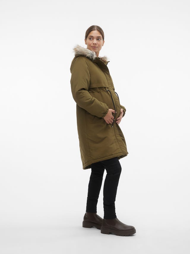 Mamalicious Maternity 3 in 1 coat with teddy lining and drawstring waist in  khaki - DGREEN