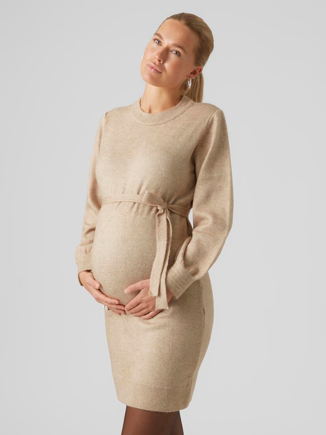 Mamalicious Maternity nursing knitted midi shirt dress with tie waist in  khaki