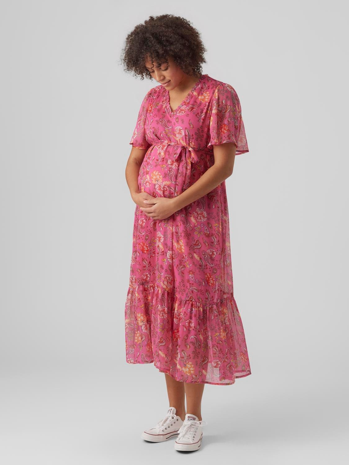 MAMA.LICIOUS Krój regularny Dekolt w serek Dluga sukienka -Pink Yarrow - 20019186