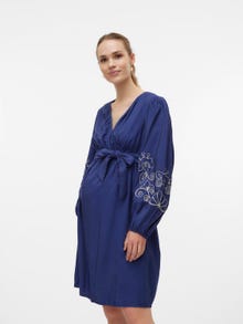 MAMA.LICIOUS Robe courte Regular Fit Col en V Poignets ou bas élastiqués Manches ballons -Medieval Blue - 20020337