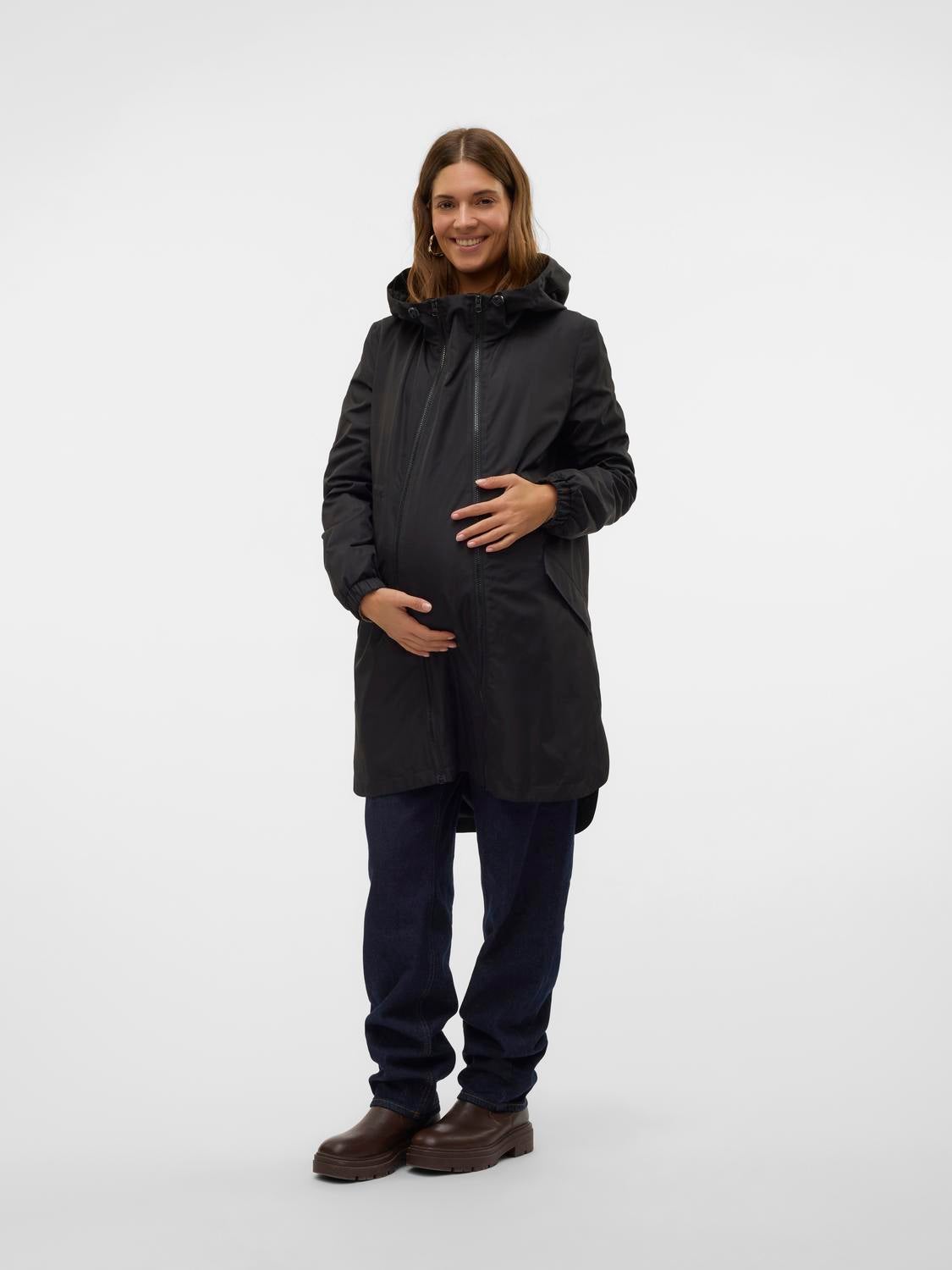 Italian Black Coat for Women, High Neck Maternity Jacket, Simple Hot deals Coat with Pockets, Oversize Coat with Mid Knee Length, Exclusive Coat